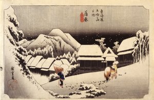 Night Snow In Kanbara, #16 (barevný dřevoryt) od Ando or Utagawa Hiroshige