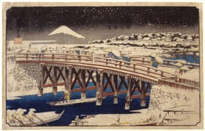 Nihonbashi In The Snow (barevný dřevořez) od Ando or Utagawa Hiroshige