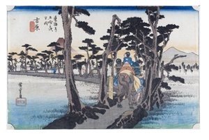 Č. 15 Jošivara - Hora Fudži vlevo, období Edo, asi 1833-34 (dřevoryt na papíře) od Ando or Utagawa Hiroshige