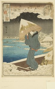 Parodie na kapitolu Ukifune: Trajekt na řece Sumida (barevný dřevotisk) od Ando or Utagawa Hiroshige