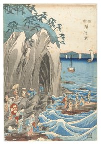 Pouť k výstavě sochy Benzaiten v hlavní svatyni Iwaya v Enošimě v provincii Sagami, kolem 1847-1852 (dřevotisk na papíře) od Ando or Utagawa Hiroshige