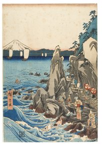 Pouť k výstavě sochy Benzaiten v hlavní svatyni Iwaya v Enošimě v provincii Sagami, cca 1847-1852 (dřevotisk na papíře) od Ando or Utagawa Hiroshige