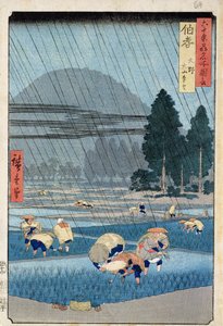 Pěstování rýže v provincii Hoki s výhledem do dálky na O-Yama (dřevěný tisk) od Ando or Utagawa Hiroshige