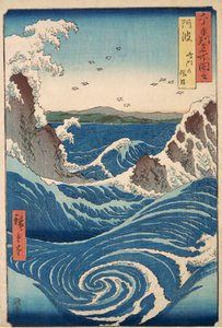 Rough Seas at the Whirlpools of Awa, from Views of Famous Places in the Sixty-Odd Provinces, pub. 1855 (barevný dřevotisk)