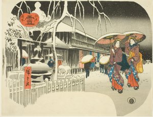 Snow (Yuki), ze série "Slavná místa Edo, kolem 1849-52 (barevný dřevořez; uchiwa-e) od Ando or Utagawa Hiroshige