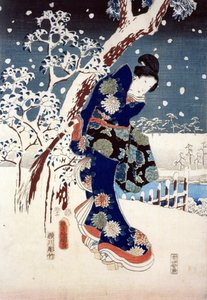 Sněhová scéna v zahradě Daimyo, část Triptychu (sítotisk) od Ando or Utagawa Hiroshige