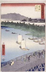 stanice 35, Yoshida; Série Kyoka Tokaido (Figures Crossing Foreground) (barevný dřevěný tisk) od Ando or Utagawa Hiroshige