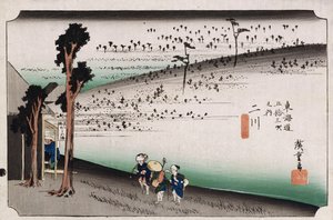 Opičí plošina, Futagawa, ze série „Padesát tři stanic Tokaida“ od Ando or Utagawa Hiroshige