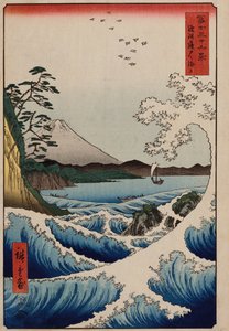 Moře u Satty v provincii Suruga“, ze série „Třicet šest pohledů na Mt. Fuji“ od Ando or Utagawa Hiroshige