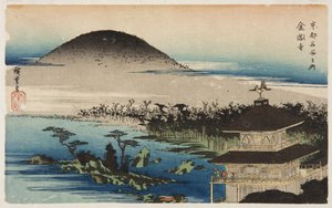 Chrám zlatého pavilonu (Kinkaku-ji) (barevný dřevořez) od Ando or Utagawa Hiroshige