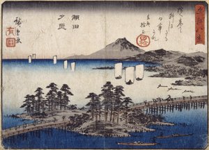 Twilight Glow At Seta (barevný dřevěný tisk) od Ando or Utagawa Hiroshige