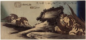 Dva lvi na útesu (barevný dřevořez) od Ando or Utagawa Hiroshige