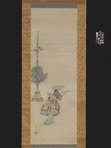 Tančí dvě ženy s klobouky (inkoust a barva na hedvábí) od Ando or Utagawa Hiroshige