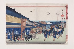 Pohled na Shinbashi (Shinbashi no zu) (barevný dřevořez) od Ando or Utagawa Hiroshige