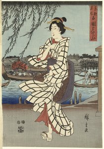 Woman Walking on a Riverbank, pub.C1848 (barevný dřevotisk) od Ando or Utagawa Hiroshige