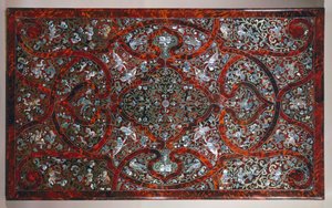 Potažená deska ve stylu Andre-Charles Boulle, detail vyřezávaného a zlaceného stolu, signováno P van Loose a M Verbiest, Nizozemsko od Andre Charles Boulle