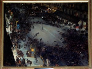 La charge, Boulevard Montmartre Scéna demonstrací v Paříži. Obraz Andre Devambez (1867-1944) 1901 Sun. 1,27 x 1,62 m. Paříž, Musee d
