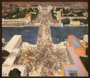 Mezinárodní výstava v roce 1937 z druhého patra Eiffelovy věže, Na úpatí kopce Chaillot, pavilony Sovětského svazu vlevo a nacistického Německa vpravo proti sobě, Obraz Andre Devambez (1867-1944) - od Andre Devambez
