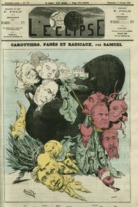 Mrkev, pánve a radikálové, různé politické strany v zelenině v hrnci moci. Kresba nahrazující karikaturu Gilla, cenzura. Obálka “”L