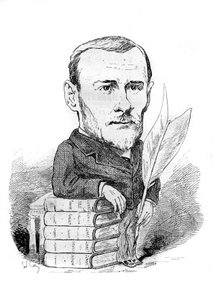 Karikatura od Georgese Ohneta (1848-1918), francouzského spisovatele reprezentujícího svými knihami a perem. Kresba Andre Gill. Gravírování v „“Le Monde Illustré““ od Andre Gill