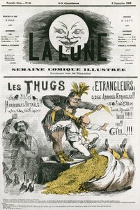 Karikatura „Thugs“, kult cizinců, ctitelů Kali vyhlazených britskými osadníky. Cartoon by Gill, v "The Moon", 2. září od Andre Gill