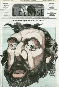 Karikatura „muž, který mluví“, Leon Gambetta (1838-1882), francouzský politik. Obálka “”L