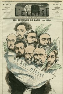 Kreslený film týmu novin „“Le XIXe siècle“, režie Edmont About (1828-?), francouzský literát. Obálka „“L