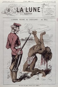 „Řád vládne v Zuzulandu“, karikatura anglické kolonizace Jižní Afriky z „La Lune Rousse“, 1879 od Andre Gill