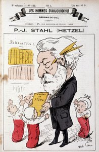 Portrét Pierra Julese Hetzela nabízejícího Stahlova díla (jeho pseudonym) batolatům, „The Men of Today“, n.d. konec 19. od Andre Gill