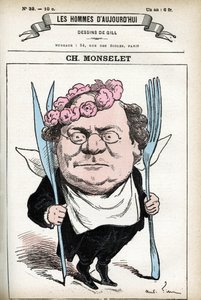 Portrét Charlese Monseleta (1825-1888), francouzského básníka, novináře, prozaika a gastronoma. Cartoon od Gill, v "Les Homme d