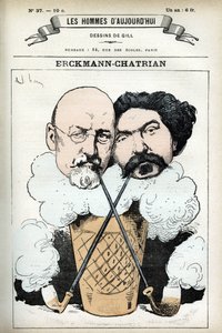 Portrét Emile Erckmanna (1822-1899) a Alexandra Chatriana (1826-1890), francouzských romanopisců. Cartoon od Gill, v "Les Homme d