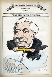 Portrét Ferdinanda de Lesseps (1805-1894), francouzského diplomata. Cartoon od Gill, v “Les Homme Today”, Paříž od Andre Gill