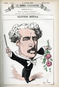 Portrét Oliviera Metra (1830-1889), francouzského herce, populárního skladatele. Cartoon od Gill, v "Les Homme d