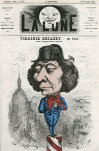 Portrét Virginie Dejazet (1798-1875), francouzské herečky v roli Bonaparte. Cartoon od Gill, v „La Lune“, 10. listopadu od Andre Gill