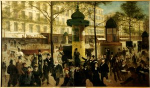 Skica pro panorama Boulevardu Montmartre animuje současné pařížské osobnosti od Andre Gill