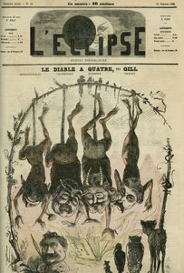 Ďábel má čtyři, politické brožury přepracované Mefistofelem (Mefisto) alias Wolffem, Villemessantem, Duchesnem, Lockroyem a jeho karikaturistou Benassitem. Obálka „“L