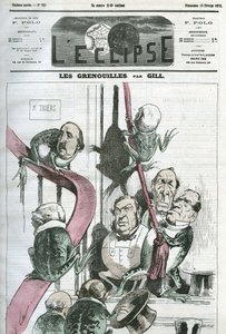 Žáby, karikatura politiků ve vládě prezidenta Thierse v žábách. Obálka “”L