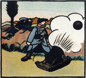 První světová válka 1914-1918 (14-18): Odpalovač bomb. Francouzský voják posílá bomby na nepřítele pomocí děla. Rytina v "Abecedě Velké války 1914-1916 (pro děti našich vojáků)". Editions Berger-Levrault od Andre Helle