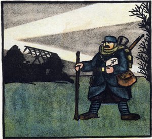 První světová válka 1914-1918 (14-18): Chlupatý. Portrét vojáka francouzské armády ve vojenské uniformě s batohem, brašnou a puškou. Rytina v "Abecedě Velké války 1914-1916 (pro děti našich vojáků)". Editions Berger-Levrault od Andre Helle