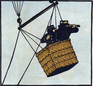 První světová válka 1914-1918 (14-18): Pozorovatelé (pozorovací stanoviště) francouzské armády v zajetí balonu se snaží zpozorovat nepřítele. Rytina v "Abecedě Velké války 1914-1916 (pro děti našich vojáků)". Editions Berger-Levrault od Andre Helle