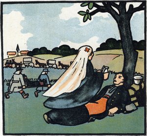 První světová válka 1914-1918 (14-18): Ošetřovatelka Červeného kříže přichází pečovat o vojáky až na bojiště. Rytina v "Abecedě Velké války 1914-1916 (pro děti našich vojáků)". Editions Berger-Levrault od Andre Helle