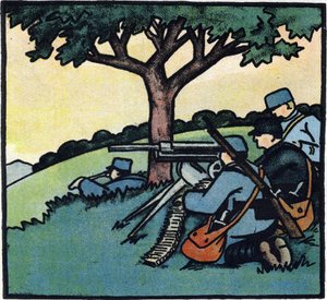 První světová válka 1914-1918 (14-18): Vojáci francouzské armády používají na bojištích kulomety. Rytina v "Abecedě Velké války 1914-1916 (pro děti našich vojáků)". Editions Berger-Levrault od Andre Helle