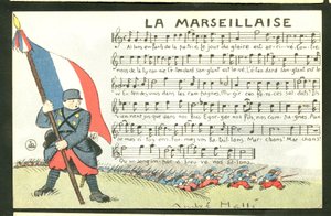 Pohlednice, satirická v barvách: (1875-1945), Marseillaisa, zpívající ilustrace od Andre Helleho (1875-1945) od Andre Helle