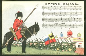Pohlednice, satirická v barvách: (1875-1945), Rusko, zpěv - vojáci Ilustrace Andre Helle (1875-1945) od Andre Helle