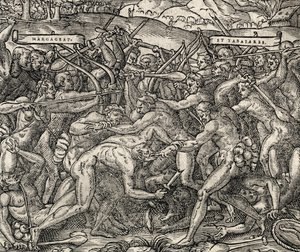 Bitva mezi kmeny Margageaz a Tabajares, rytina z Universal Cosmology, Andre Thevet (1504-1592) od Andre Thevet