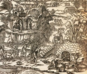 Indičtí otroci pracující v dole na Kubě, Ilustrace z Kosmografie Andre Thevet, rytina od Andre Thevet