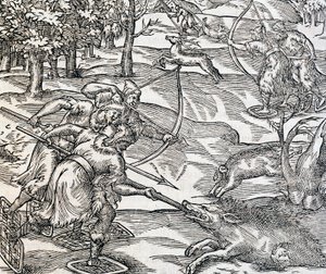 Indiánský lov kance, rytina z Universal Cosmology, Andre Thevet (1504-1592), Paříž