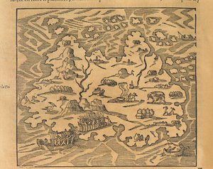 Mapa Trinity Island na Antilách, z Universal kosmografie od Andre Thevet od Andre Thevet