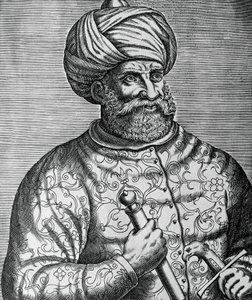Portrét Khayr al-Din, známý jako Barbarossa (1465-1546), turecký korzár a admirál, rytina Andre Thevet (1502-1590)