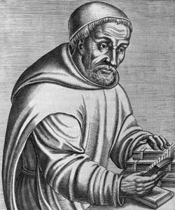 Portrét Rabana Maura Magnentia (zemřel 856), německého benediktinského mnicha a teologa, rytina da Les vrais pourtraits et vies des hommes illustrés grecz, latins et pagans, Andre Thevet